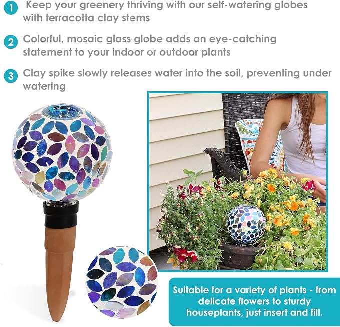 Sunnydaze Mosaic Glass Plant Watering Globe with Clay Spike - Decorative Self-Watering Planter Insert - Water Dripper for Plants - 9.5" - Spring Petals