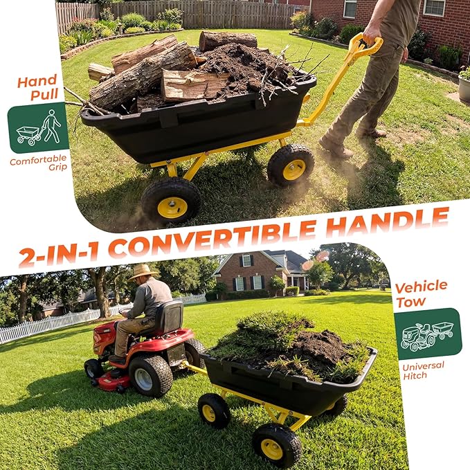 Sekey 1400lbs Garden Dump Cart for Lawn & Landscaping, Towable Utility Wagon with Quick-Release Dumping, 10" All-Terrain Tires, Black
