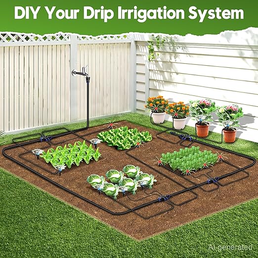 110FT Drip Irrigation System Kit, Automatic Garden Watering System Quick-Connect Adjustable Sprinklers for Raised Garden Beds, Greenhouse, Yard, Lawn, Plant with 1/2" & 1/4" Tubing and Accessories