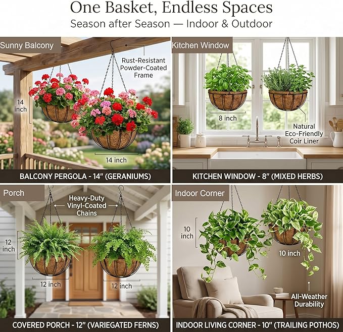 Kingbuy 10 Inch Hanging Planter Basket with Coconut Liner Wire Plant Holder Chain Flower Baskets Pot Hanger Home Garden Decoration for Indoor Outdoor, 2 Pack