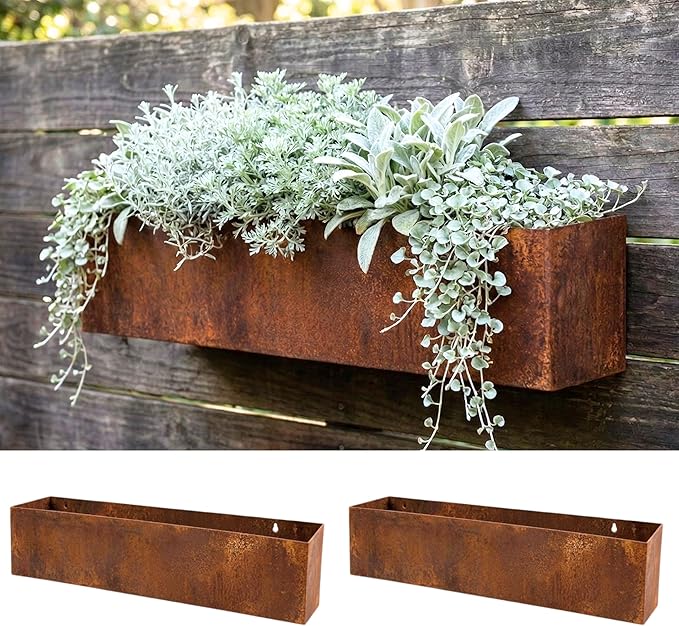 LaLaGreen Wall Planters for Outdoor (24 Inch, 2 Pack) Reddish Corton Steel Wall Mounted Planter for Succulents, Window Hanging Flower Pots Balcony Modern Vertical Living Plant Holder Garden Home Decor