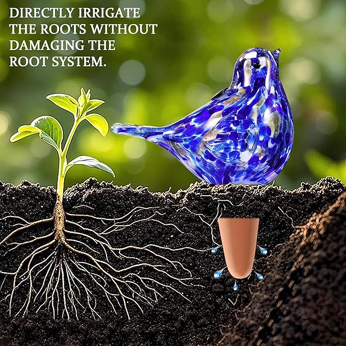 Plant Watering Globes, Bird Glass Self Watering Planter Insert - Glass Plant Water Globes for Daily Use, Planter Spikes to Support Indoor & Outdoor Plant Health, Dark Blue