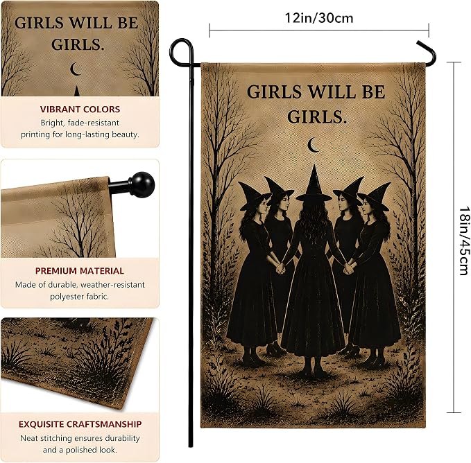 Halloween Decorations - Witch GIRLS WILL BE GIRLS Garden Flag | Halloween Party Decorations for Outdoor Indoor Outside - Trick or Treat Banner Decor for Garden Porch Patio Lawn Yard Party Favors Supplies