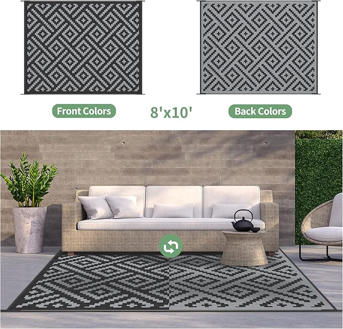 GENIMO Outdoor Rugs 8'x10' Waterproof, Reversible Mats, Area Plastic Straw Rug, Outside Carpet, Geometric Rv Mat for Patio Camping Rv Picnic Backyard Deck Balcony Porch Beach Trailer (Black & Grey)