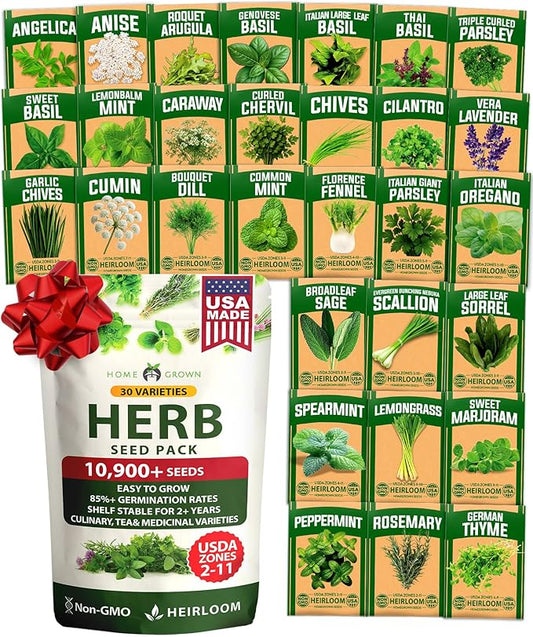 HOME GROWN 30 Herb Seeds for Planting 10,900+ Non-GMO Heirloom Seeds | Extra Large Variety Pack Herb Kit – Indoor Outdoor & Hydroponic | Culinary Seed Set | Grow Your Own Herbs | Gardening Gift
