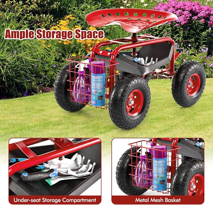IRONMAX Garden Cart with Seat, Gardening Rolling Stool Scooter with 10’’ All-Terrain Wheels, Convenient Pull Handle & Tool Tray and Basket for Outdoor Planting (Red)
