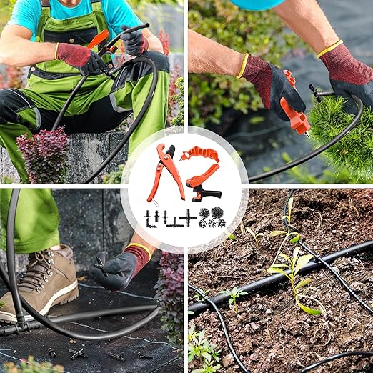 Feekoon Irrigation Drip Tools with Barbed Connectors, 2-in-1 Drip System Punch Tool for 1/4" Fitting, 16 20 25mm PE Pipe & Emitter; Ideal for Garden & DIY Watering System(Orange,230 Irrigation Plugs)