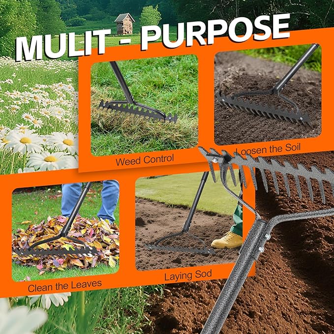 Bow Rake, Heavy Duty Metal Garden Rake for Looseing Soil, Leveling Lawn and Cleaning Leaves, 63" Long Handle Ergonomic Thatch Rake with 17 Tines for Yard,Farm,Lawn,Garden