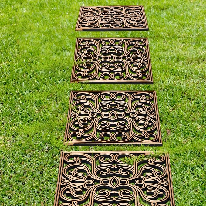 Pangda 8 Pcs Rubber Stepping Stones Outdoor Garden Walkway, 12 x 12 Inch Heavy Duty Pathway Pavers Retro Decorative Stepping Stones for Outside Landscaping Yard Lawn Path(Copper,Scroll Square)