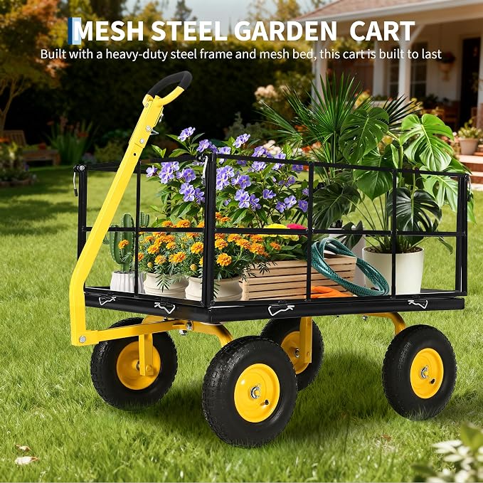 Garvee 1500 LB Garden Wagon Cart with 13 in All Terrain Tires, 3-in-1 Yard Wagon Cart with Removable Side Panels, Heavy Duty Outdoor Metal Utility Wagon Yard Trailer for Outdoor Lawn, Yard, Backyard