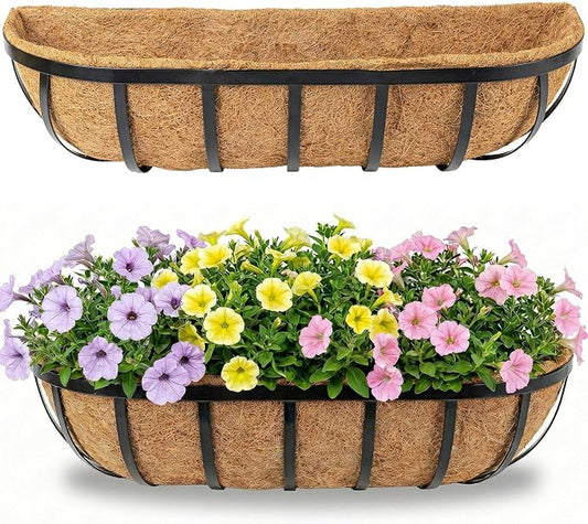 HFHOME 2 Pcs 24" Railing Planter Box with Horse Trough Coco Liners, Black Window Boxes Metal Hanging Flower Planters Baskets for Indoor, Outdoor, Balcony, Porch, Fence, Patio, and Lawn