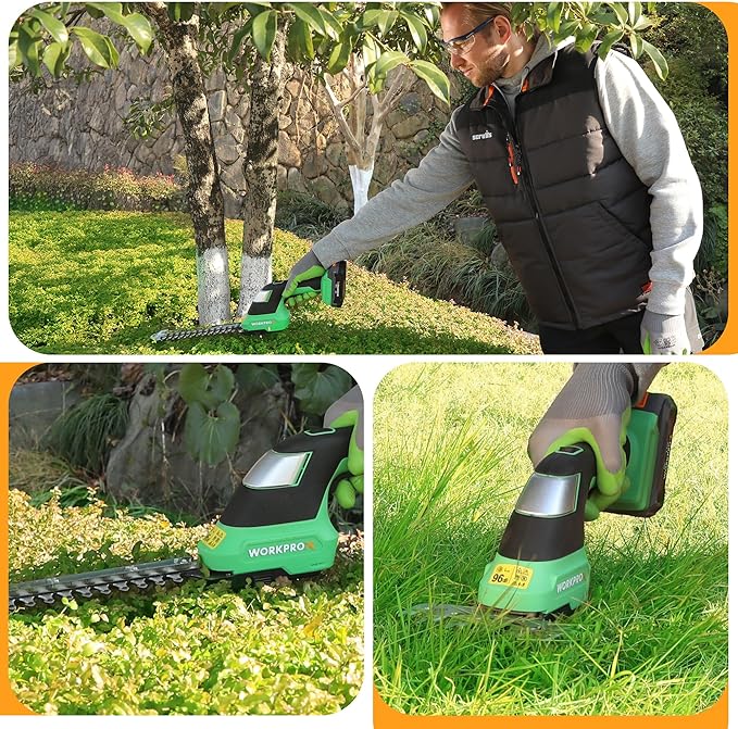 WORKPROX 20V Cordless Grass Shear & Shrubbery Trimmer - 2-in-1 Handheld Electric Grass Trimmer Hedge Shears/Grass Cutter with Tool Bag, Rechargeable Lithium-Ion Battery and Type-C Cable Included