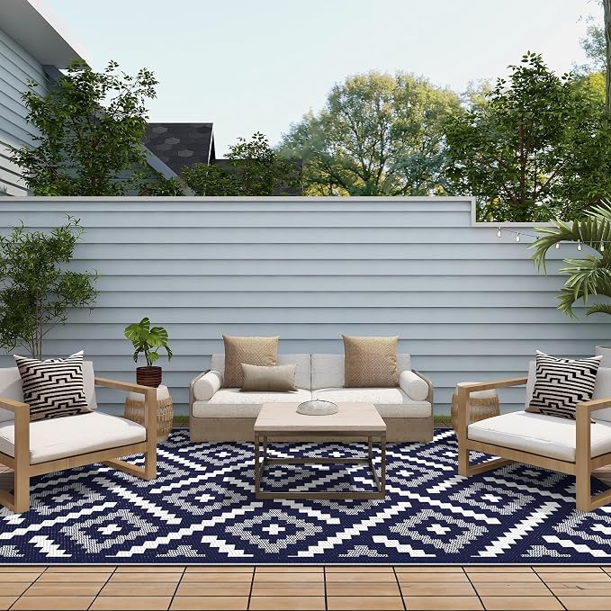 GENIMO Outdoor Rug for Patio Clearance, 6'x9' Waterproof Camping Mat, Reversible Plastic Straw Rugs for RV, Camper, Balcony, Backyard, Picnic, Deck (Mix Navy Blue White)
