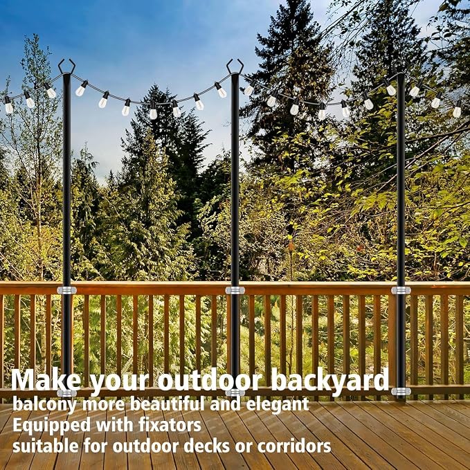 AILBTON 10Ft String Light Poles 6 Pack,Light Poles for Outside Lights,Outdoor with Fence Brackets Hanging Lights,Metal Stand Deck Patio Backyard