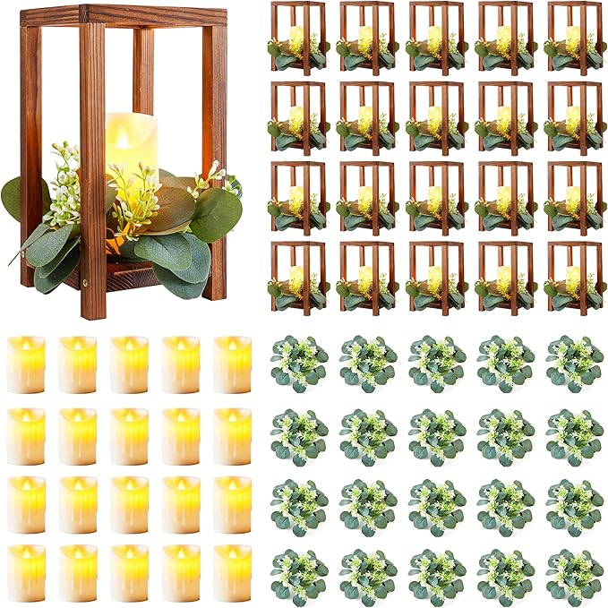 60 Pcs/20 Set Wooden Wedding Lantern Centerpiece-Wooden Candle Lantern Bulk Includes 20 Farmhouse Wooden Candle Holder 20 Flameless LED Candles 20 Eucalyptus Leaves Wreath for Decoration