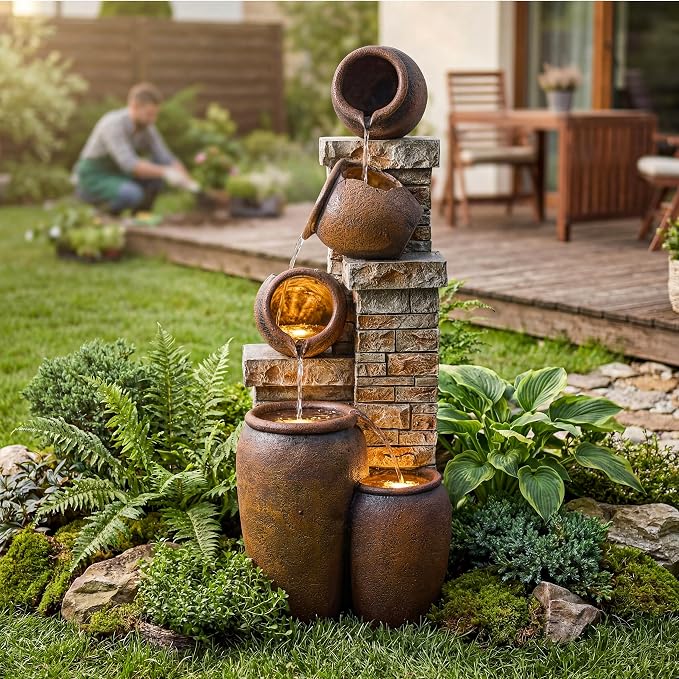 44-Inch Outdoor Water Fountain, 5-Tier Floor Standing Cascading Jars and Stacked Stones Resin Waterfall Fountain with 4 LED Lights, Home Decor for Garden, Patio, Yard, Farmhouse or Deck in Brown