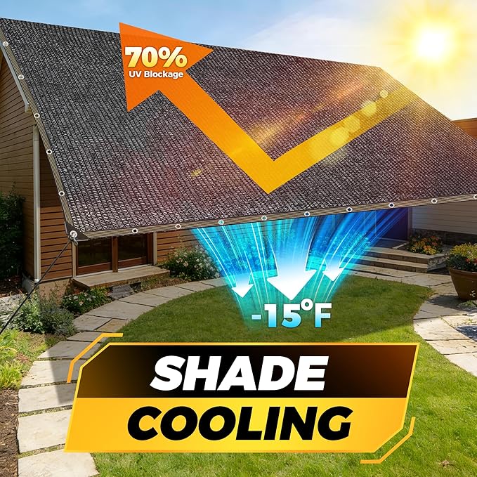 JOJOLEE 70% Sun Shade Cloth, 12x12FT Shade Net Mesh Tarp with Grommets, Black Sunblock Cover for Outdoor Patio Plants, Pergola, Greenhouse, Chicken Coop, Backyard, Balcony