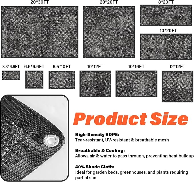 JOJOLEE 40% Sun Shade Cloth, 20x30FT Shade Net Mesh Tarp with Grommets, Black Sunblock Cover for Outdoor Patio Plants, Pergola, Greenhouse, Chicken Coop, Backyard, Balcony