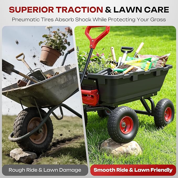 900LB Garden Dump Cart, 2026 Upgraded Heavy Duty Wheelbarrow Cart with 10" Non-Slip Pneumatic Tires & Quick-Release System, 4-Wheel Steel Frame Wagon for Transportation in Yard, Farm, Garden