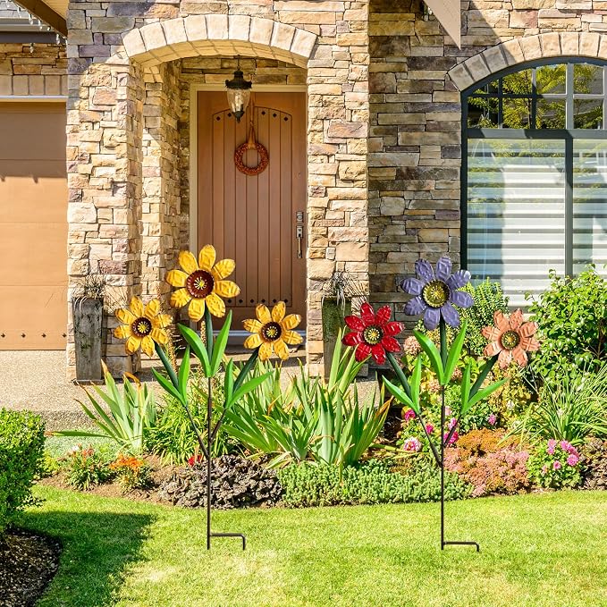 HUTHDAK Metal Flowers for Outside,2 Pack Large Colorful Decorative Garden Stakes Yard Art,Spring Garden Decor for Lawn, Pathway & Garden(21.9 * 12IN)
