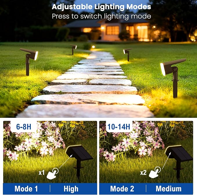 JEJOT Solar Lights Outdoor Waterproof IP65,Auto On/Off, 2700K 2 Lighting Modes, Super Bright LED, Solar Powered Yard Garden Solar Spot Lights for Outside Landscape,4 Pack