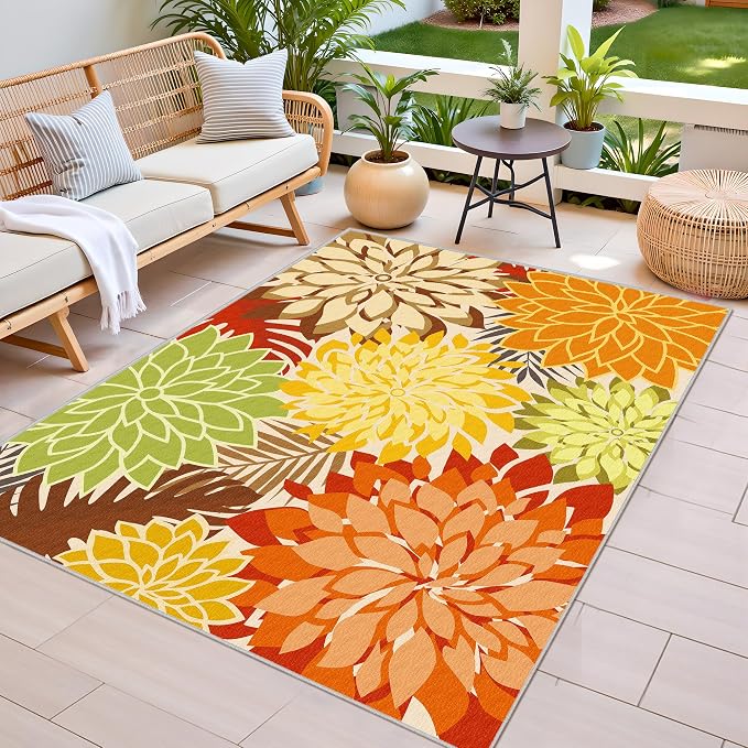 Colorful 5x8 Outdoor Area Rug Washable Multicolored Patio Rug Tropical Botanical Floral Chenille Waterproof Outdoor Carpet for Living Room, Deck, Backyard, Porch, Orange