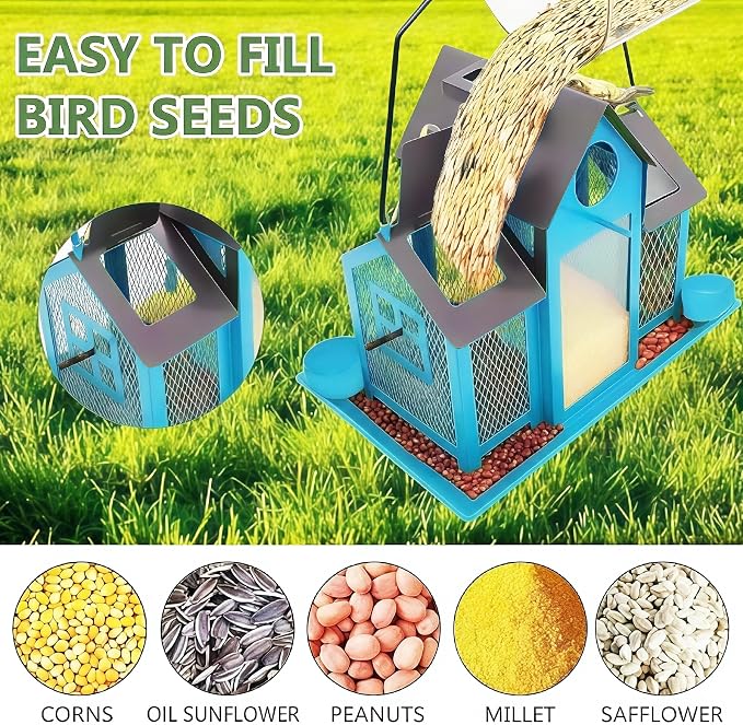Solar Bird Feeders House for Outside Hanging, Metal Wild Bird Feeder for Outdoors Large Capacity Cardinal Birdfeeder Birdhouses Metal Bird Feeding Station Blue