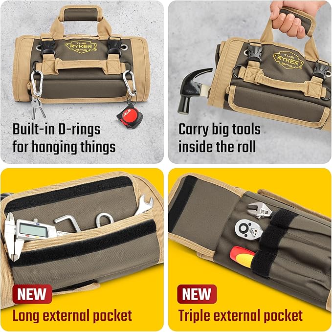 The Ryker Bag Tool Roll Organizer with Detachable Pockets – Heavy Duty Roll-Up ToolBag for Mechanics, Electricians, Plumbers, Contractors, Garage & Job Site Use Gift for Dads (AP-TR)