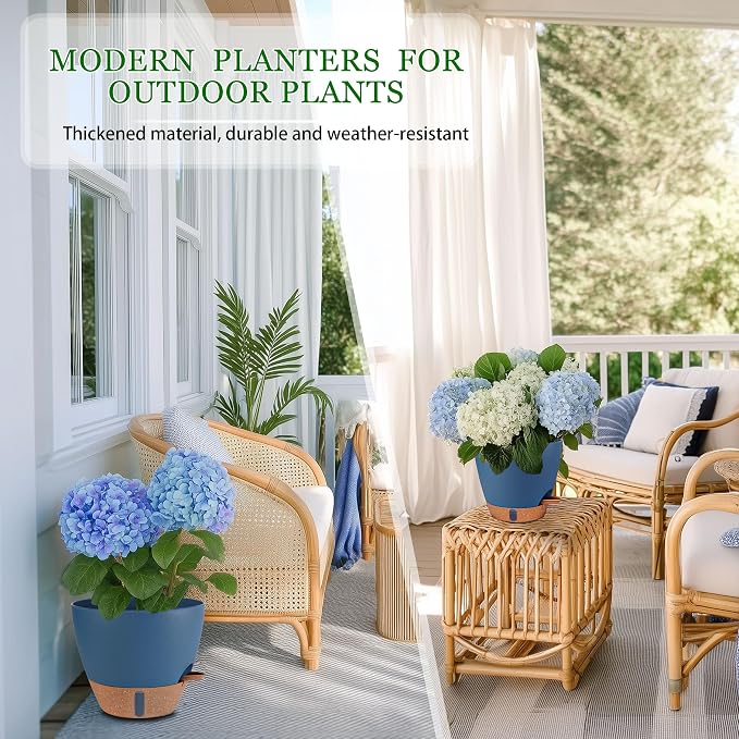 Self Watering Pots for Inoor Ourdoor Plants 10/9/8/7/6.5 Inch Plastic Planters with Drainage Holes & Water Level Indicator, Decorative House Flower Nursery Planting Pots with Saucers (Navy Blue)