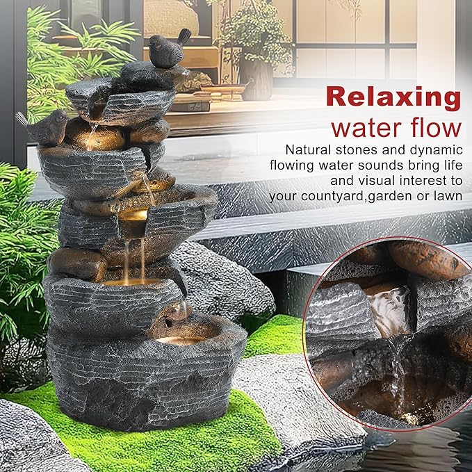 5 Tiers Garden Fountain Outdoor, 26.4" Rock Waterfall Feature with 4 LED Lights, Modern Resin Fountain Freestanding with Pump and Dicky Bird for Indoor and Porch Patio, Home Art Decor, Grey