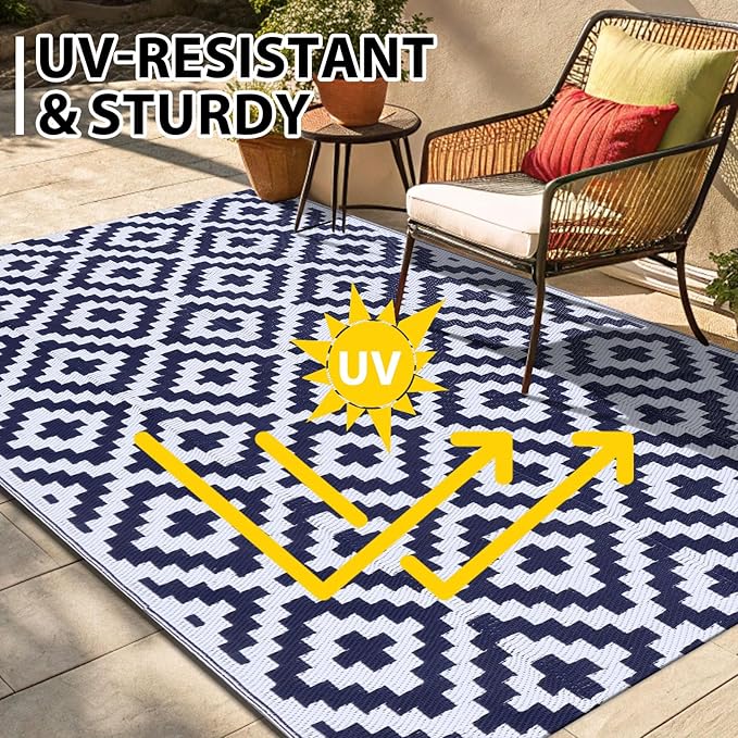 Smiry Waterproof Outdoor Rug 10X14 ft, Reversible Plastic Straw Patio Camping Rugs, Outdoor Indoor RV Mat Carpet for Patio, Outside Entry, Backyard, Deck, Bench, Picnic, Camper, White & Navy
