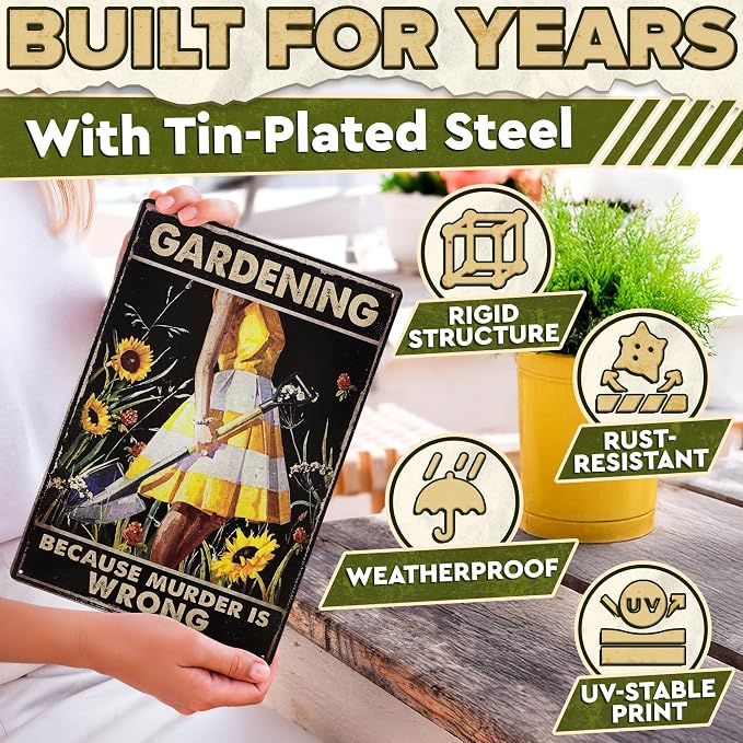 Funny Garden Signs for Outside - Gardening Because Sign 8x12 In Vintage Funny Metal Signs for Outside - Unique Gardening Gifts for Women Who Love Garden | Gardener's Backyard, Patio and Porch Decor