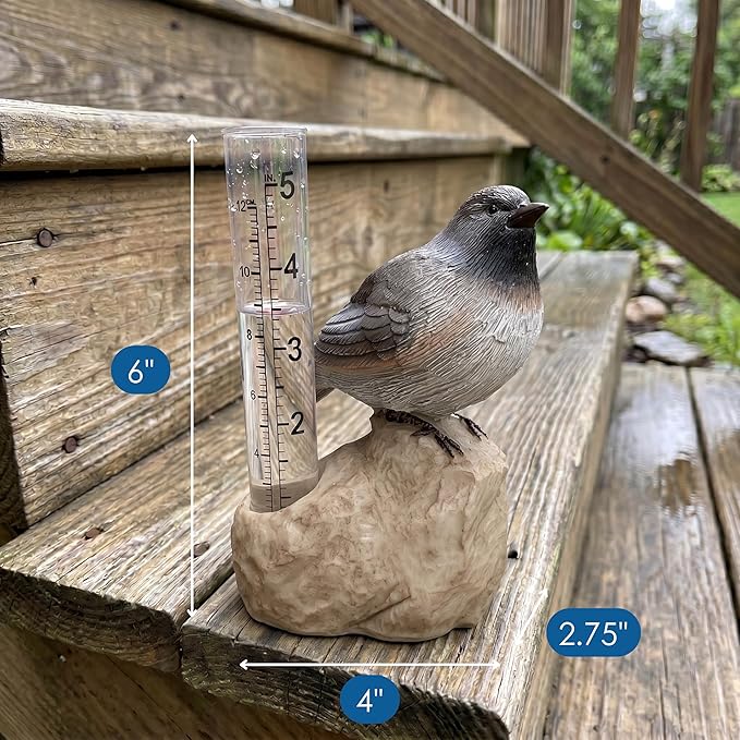 Gift Essentials Chickadee Decorative Rain Gauge Outdoor - Resin Bird Figurine on Rock Base - Removable Tube Measures Up to 5 Inches of Rainfall - Garden Decor Gift