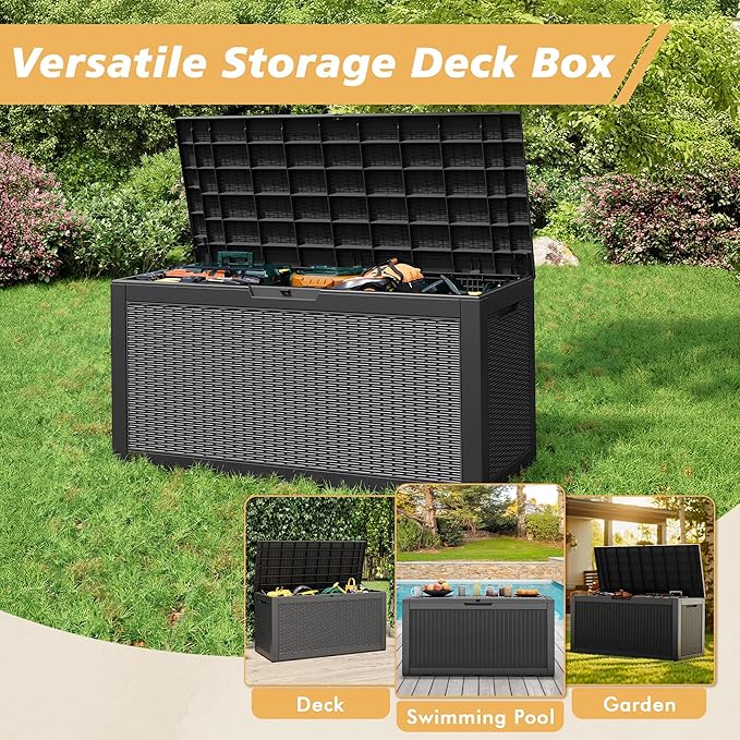 Fancyango 60 Gallon Outdoor Deck Box Waterproof, Storage Box for Patio, Resin Storage Bench Lockable for Garden Tools, Package Delivery, Black