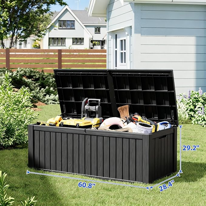 Fancyango 220 Gallon Outdoor Deck Box Waterproof, Large Storage Box for Patio, Resin Storage Bench Lockable for Garden Tools, Package Delivery, Black