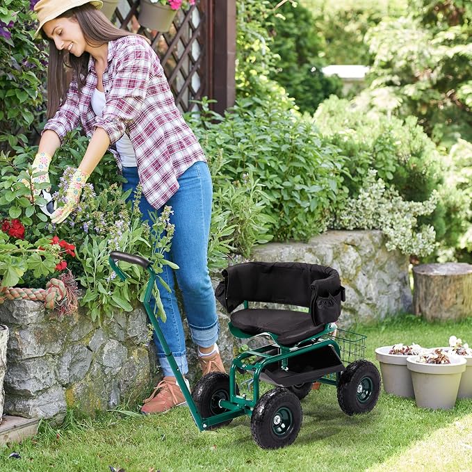Outvita Garden Cart, Outdoor Rolling Garden Scooter W/Adjustable 360 Degree Swivel Seat, Extendable Handle, Tool Tray & Storage Basket, Gardening Stool for Planting(Green)