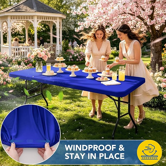 Fitted Tablecloth for 8 Foot Rectangle-6 Pack Royal Blue Elastic Outdoor Picnic Table Cover-Spandex Stretch Folding Table Cloths 8ft for Camping Dining Room Patio Kitchen Banquet Party