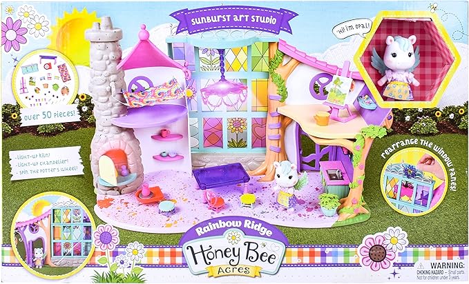 Sunny Days Entertainment Honey Bee Acres Rainbow Ridge Sunburst Art Studio – 50 Furniture Accessories with Exclusive Unicorn Figure | Light Up Dollhouse Playset | Pink Pretend Play Toys for Kids