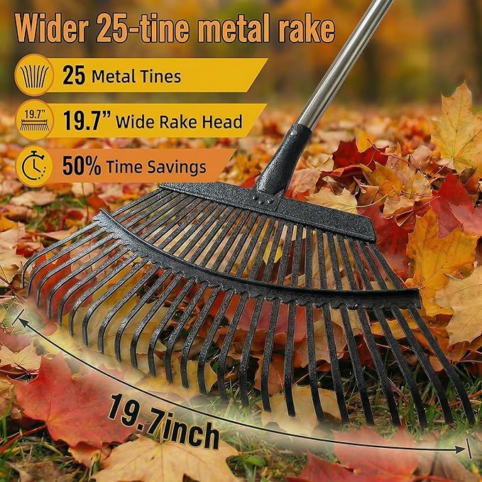Heavy Duty Metal Bow Leaf Rake for Yard & Garden - 20" Wide Head with 25 Steel Teeth, 40-68" Adjustable Stainless Steel Handle, Rust-Resistant Garden Yard Rake for Leaves, Grass, Debris & Lawn Cleanup