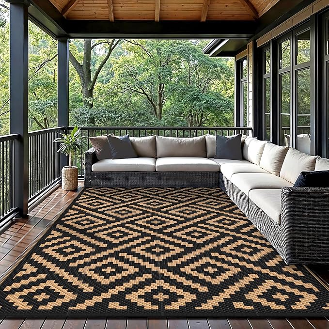 GENIMO Outdoor Rugs 8'x10' Waterproof, Reversible Mats, Area Plastic Straw Rug, Outside Carpet, Geometric Rv Mat for Patio Camping Rv Picnic Backyard Deck Balcony Porch Beach Trailer (Black & Brown)