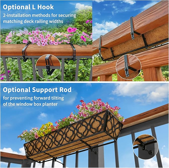 Y&M Deck Railing Planter Boxes 30 Inch 2 Pack, Adjustable Balcony Planter for Outdoor Plants, Metal Railing Planter Box for Deck, Fence and Porch, Window Boxes Outdoor, Sturdy Hanging Planter