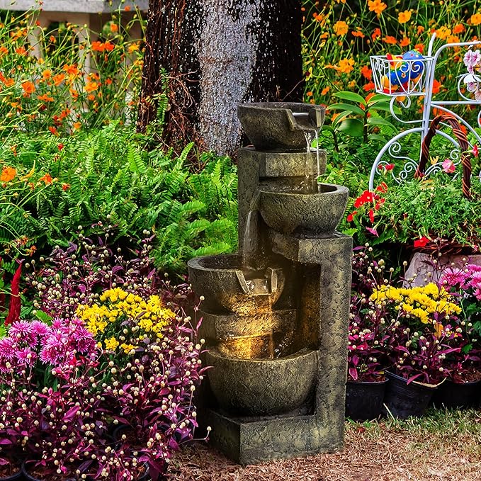 Outsunny Outdoor Fountain with 4-Tier Stacked Stone Look Bowls, Cascading Waterfall, Adjustable Flow & LED Lights, Rustic Décor for Patio, Zen Garden, Backyard, Porch, Gray