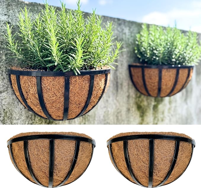 LalaGreen Wall Planters (2 Pack, 16 Inch) Black Metal Deck Railing Planter Boxes with Coco Liners, Window Flower Box for Outdoor Plants, Modern Horse Trough Fence, Balcony, Herb Patio Porch Over Rail