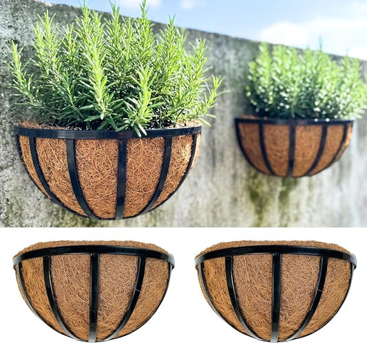 LalaGreen Wall Planters (2 Pack, 16 Inch) Black Metal Deck Railing Planter Boxes with Coco Liners, Window Flower Box for Outdoor Plants, Modern Horse Trough Fence, Balcony, Herb Patio Porch Over Rail