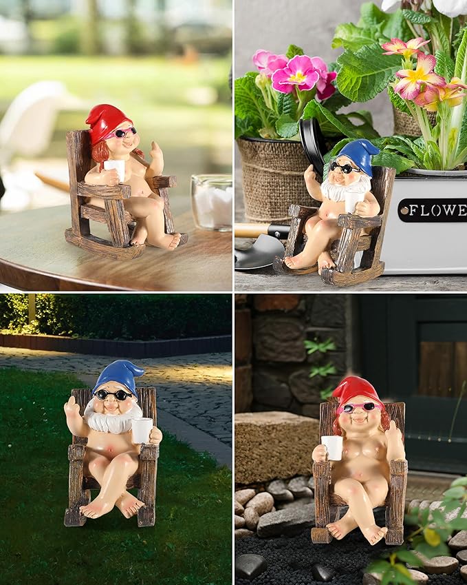 iStatue Funny Gnomes in Rocking Chair - 2 Pack Resin Middle Finger Decor Collectible Naked Gnome Figurines - Naughty Gifts for Garden, Home and Office