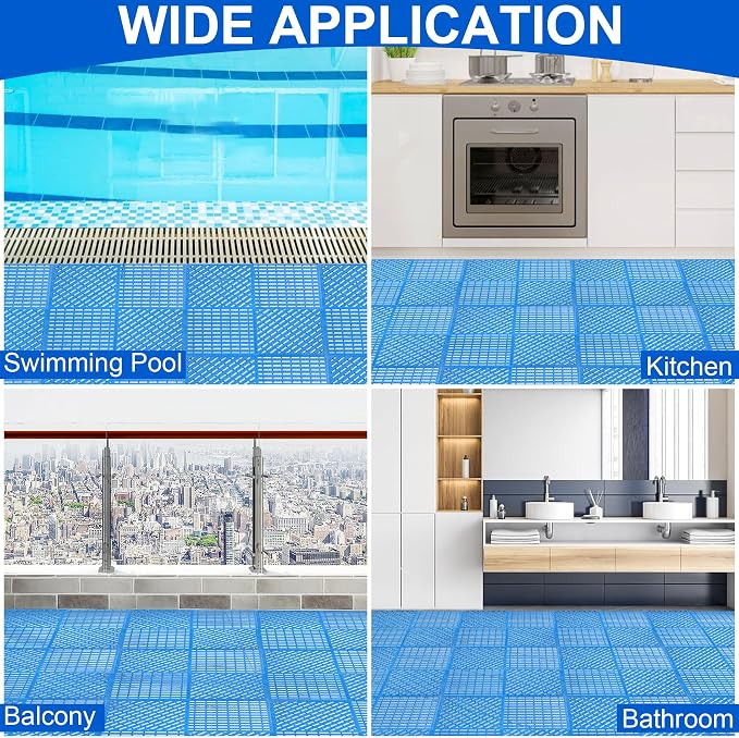 MYFAMIREA Modular Interlocking Cushion 12 Pack 11.8" x 11.8" Rubber Floor Tiles Non-Slip Splicing Drainage Mats for Deck, Pool, Shower, Patio, Balcony, Bathroom, Kitchen, Yard (Diagonal, Blue)