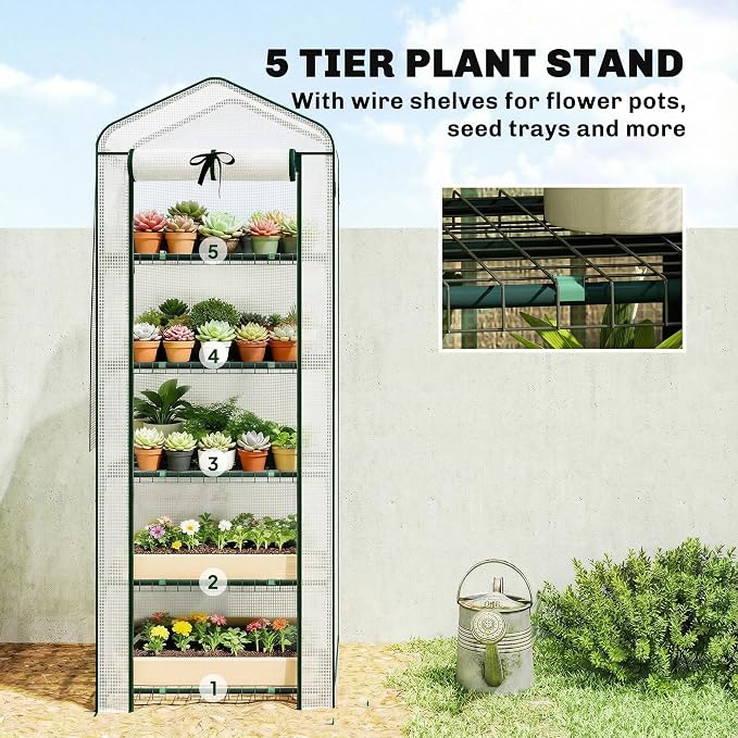 Outsunny 5 Tier Mini Greenhouse with Screen Roof, 27.6" x 19.7" x 75.6", Portable Small Greenhouse with High Strength PE Cover, Roll-Up Zipper Door for Garden Yard Backyard, White
