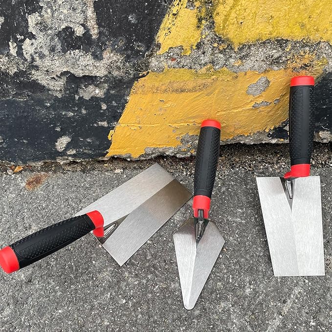 3 Pack Masonry Hand Tool Set, 5” Brick Pointing Trowel, 5.6” and 7” Bucket Margin Trowel, Carbon Steel Bricklaying Hand Tool for Concrete, Cement, Plaster, Tile Construction Projects