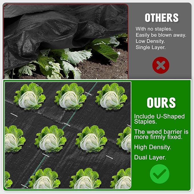4FT x 100FT Weed Barrier Landscape Fabric Heavy Duty, 3.2oz Premium Gardening Weed Control Mat with 30 U-Shaped Securing Pegs, Ground Cover for Gardening, Farming, Raised Bed（2 Packs 4x50FT）