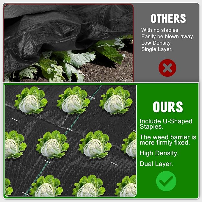 1.3FT x 50FT Weed Barrier Landscape Fabric Heavy Duty, 3.2oz Premium Gardening Weed Control Mat with 10 U-Shaped Securing Pegs, Ground Cover for Garden Beds, Farming, Underlayment, Commercial Driveway